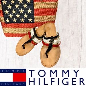 “Tommy Hilfiger” Women's Liz Thong Sandals in red white and blue combo- 7